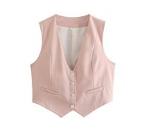 Formelle Anzugweste für Damen 2024, Knopfleiste, ärmellos, lässig, Business, Arbeit, Büro, Weste, kurze Weste, hellrosa, XS