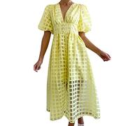 Formelle Kleider für Damen, hohe Taille, Bauchbedeckung, schlank und drapiert, locker und lässig, bodenlanges, weites Bein, Übergröße, Wickelkleider für Damen, Größe 3XL Große Größen, gelb, XL