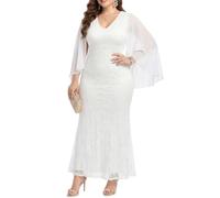 Formelle Kleider in Übergröße - Chiffon, Capelet, Rüschenärmel, V-Ausschnitt, Spitze, Meerjungfrau, Abendkleid, Abschlussball, langes Maxikleid, Weiss/opulenter Garten, 44 Mehr