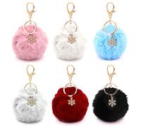 Forreen Pom Pom Schlüsselanhänger, 6 Stück Künstliche Kaninchenfell Keychain Plüsch Elegant Flauschige Farbenfroh Schlüsselringe mit Schneeflocke Anhänger Charms für Mädchen Damen