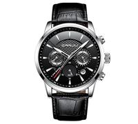 FORSINING Analoge Quarz-Armbanduhr für Herren, lässiger Chronograph, Sportuhren, Leder, Business-Armbanduhr, wasserdicht, leuchtend, silber, schwarz, Klassisch