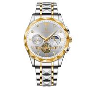 FORSINING Analoge Quarz Herrenuhr Mode Business Mens Armbanduhr Diamant Big Dial Edelstahl Leuchtende wasserdichte Luxusuhren, Weiß