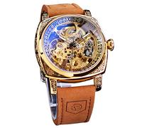 Forsining Automatische Armbanduhr für Herren, transparent, goldfarben, Skelett, mechanische Armbanduhr, wasserdicht, Business-Mode, selbstaufziehende Uhren, gold, Riemen