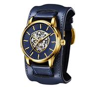 FORSINING Automatische mechanische Herren-Armbanduhr, silberfarben, goldfarbenes Schild, Herren-Skelett-Armbanduhr mit Lederband, luxuriöses großes Zifferblatt, wasserdicht, gold