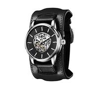 FORSINING Automatische mechanische Herren-Armbanduhr, silberfarben, goldfarbenes Schild, Herren-Skelett-Armbanduhr mit Lederband, luxuriöses großes Zifferblatt, wasserdicht, Schwarz