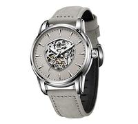 FORSINING Automatische mechanische Herren-Armbanduhr, silberfarben, goldfarbenes Schild, Herren-Skelett-Armbanduhr mit Lederband, luxuriöses großes Zifferblatt, wasserdicht, grau
