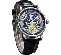 FORSINING Automatische mechanische Herrenuhr, Sternenhimmel, großes Zifferblatt, Skelett, Tourbillon, Mondphase, modische Herren-Armbanduhr, Leder, leuchtend, Schwarz , Gurt