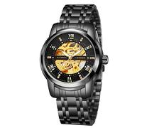 FORSINING Automatische, selbstaufziehende Herrenuhr, luxuriöses Skelett, wasserdicht, Edelstahl, mechanische Armbanduhr, 01-schwarz, Armband
