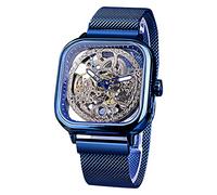 FORSINING Automatische Uhren, mechanische Armbanduhr, goldfarben, für Herren, Skelett-Uhren mit transparentem Edelstahl-Zifferblatt mit königlichem Blumen-Uhrwerk, Schnitzerei, Blau, Mechanisch