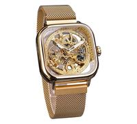 FORSINING Automatische Uhren, mechanische Armbanduhr, goldfarben, für Herren, Skelett-Uhren mit transparentem Zifferblatt aus Edelstahl, mit königlichem Blumen-Uhrwerk, Goldfarben, Mechanisch
