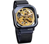 FORSINING Automatische Uhren, mechanische Armbanduhr, goldfarben, für Herren, Skelett-Uhren mit transparentem Edelstahl-Zifferblatt mit königlichem Blumen-Uhrwerk, Schnitzerei, Schwarz-1, GMT1148-2NEW