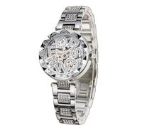 FORSINING Damen-Automatikuhr mit Buchstaben-Design, Diamant-Uhrwerk, mechanische Skelettuhr (Silber)