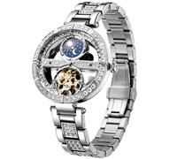 FORSINING Damen Vollstrass Automatische mechanische Uhr, doppelseitig hohles Skelett 3D geschnitztes Zifferblatt mit Mondphase & Tourbillon, Luxus Selbstaufzug Frauen Armbanduhr, silber, Modern