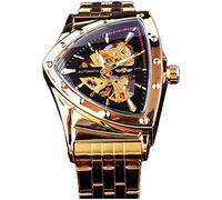 FORSINING Dreieck Skelett Herren Automatik Mechanische Uhr Luxus Gold Schwarz Edelstahl Uhren Wasserdicht Leuchtende Sport Armbanduhr, Gold, Schwarz, Modern
