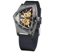 FORSINING Dreieckige mechanische Armbanduhr mit goldfarbenem Schild, übergroßes Zifferblatt, vollständig ausgehöhltes Zifferblatt-Design, automatisches Uhrwerk,