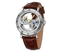 FORSINING Einzigartiges Design für Herren, luxuriös, automatisches Uhrwerk, beliebter Stil, echtes Lederband, Skelett-Uhr, Silber und Braun 2, Classic