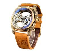 FORSINING Fancy Uhren für Männer, quadratische Retro mechanische Uhr Self-Wind geschnitzt, Gear Uhrwerk Golden Skelett Automatische Uhren Vintage Lederarmband Armbanduhr (Braun)