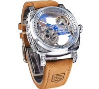 FORSINING Fancy Uhren für Männer, quadratische Retro mechanische Uhr Self-Wind geschnitzt, Gear Uhrwerk Golden Skelett Luxus Automatische Uhren Vintage Lederarmband Armbanduhr (Silver)
