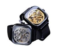 Forsining Goldene Herren-Automatikuhr, quadratisch, Skelettnetz, Stahlband, mechanische Business-Uhr, Relogio Masculino Erkek Kol Saati, Schwarz, Armband