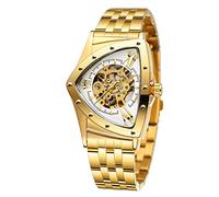 FORSINING Herren-Armbanduhr, 30 m, wasserdicht, Skelett, hohl, automatisch, schillernd, Retro, Dreieck, Armbanduhr, Gold und Weiß, Armband