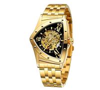 FORSINING Herren-Armbanduhr, 30 m, wasserdicht, Skelett, hohl, automatisch, schillernd, Retro, Dreieck, Armbanduhr, Goldfarben und Schwarz, Armband