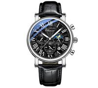 FORSINING Herren-Armbanduhr, analog, Quarz, Chronograph, Mondphase, Leder, modisch, Business-Armbanduhr, wasserdicht, leuchtend, Schwarz