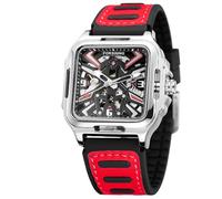 FORSINING Herren-Armbanduhr aus Edelstahl, automatisch, selbstaufziehend, Skelett, Retro, quadratisch, Silikonarmband, Schwarz, Silber, Rot, Retro