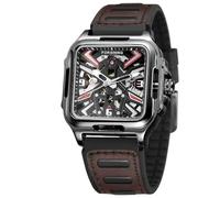 FORSINING Herren-Armbanduhr aus Edelstahl, automatisch, selbstaufziehend, Skelett, Retro, quadratisch, Silikonarmband, Braun, Retro