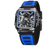 FORSINING Herren-Armbanduhr aus Edelstahl, automatisch, selbstaufziehend, Skelett, Retro, quadratisch, Silikonarmband, Blau, Retro