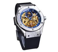 FORSINING Herren-Armbanduhr, automatisch, selbstaufziehend, mit schwarzem Silikonband, Retro-Skelett, Mondphase, großes Zifferblatt, mechanische Armbanduhr, silber, Armband