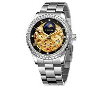 Forsining Herren-Armbanduhr automatisch selbstaufziehend Mondphasenuhr florales Skelett römische Zahlen Diamant-Zifferblatt