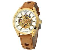 FORSINING Herren-Armbanduhr, klassische Skelett-Luxus-Mechanik-Armbanduhr, Leder, automatische Handaufzug, Mode, Business, Goldweiß