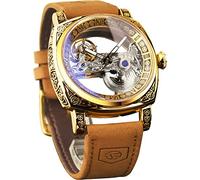 FORSINING Herren-Armbanduhr, luxuriös, quadratisch, geschnitzt, mechanisch, Retro-Totem, doppelseitig, hohl, Skelett, selbstaufziehend, Automatikuhren, Vintage-Lederarmband, Gold, Mechanisch