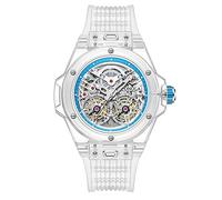 FORSINING Herren-Armbanduhr, mechanisch, automatisch, für Herren, Skelett-Uhr, großes Zifferblatt, Armband aus Silikon, wasserdicht, Blau-Weiß, Modern