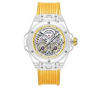 FORSINING Herren-Armbanduhr, mechanisch, automatisch, für Herren, Skelett-Uhr, großes Zifferblatt, Armband aus Silikon, wasserdicht, gelb, Modern