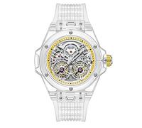 FORSINING Herren-Armbanduhr, mechanisch, automatisch, für Herren, Skelett-Uhr, großes Zifferblatt, Armband aus Silikon, wasserdicht, Gelb, Weiß., Modern