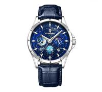 FORSINING Herren-Armbanduhr, modisches Sternenhimmel-Design, leuchtendes Zifferblatt, analog, Quarz, Leder, wasserdicht, Business-Kleid, silber, Armband