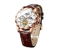 FORSINING Herren-Armbanduhr, Mondphase, analoge Quarzuhr, modisch, Business, Luxus-Diamant-Zifferblatt, Lederarmband, Herren-Armbanduhr, wasserdicht, leuchtend, Braun / Weiß