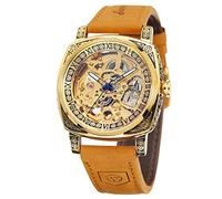 FORSINING Herren-Armbanduhr, Vintage-Skelett, Automatik-Uhrwerk, römische Zahlen, echtes Lederband, gold, Lässige Armbanduhr