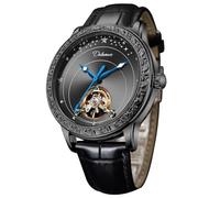 FORSINING Herren-Automatikuhr, leger, mechanischer Handaufzug, Lederband, Tourbillon, großes Zifferblatt, leuchtend, modisch, Business-Uhren, Schwarz , Armband