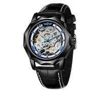 FORSINING Herren-Automatikuhr, Skelett-Armbanduhr, mechanisch, mit Handaufzug, echtes Lederband, römische Zifferblätter, lässige Uhren, schwarzblau, Armband