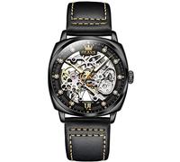 FORSINING Herren-Automatikuhren, Skelett, luxuriös, Diamanten, großes Zifferblatt, Business-Armbanduhr mit Lederband, wasserdicht, mechanische Uhr, Schwarz , Armband