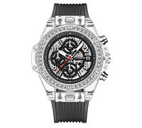 FORSINING Herren-Quarzuhr, Skelett, modisch, Business, großes Zifferblatt, analog, Chronograph, Armbanduhr mit Silikonband, wasserdicht, schwarz / weiß, Armband