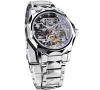 FORSINING Herren Skelett Automatik Mechanische Uhr mit Diamantschliff 12-seitige Lünette & Freiliegende Zahnräder & Tourbillon Design Einzigartige Rhombus-Link Edelstahl Armband Selbstaufzug