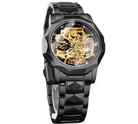 Forsining Herren Skelett Mechanische Uhr Automatik Tourbillion Selbstaufziehende Armbanduhr Edelstahl Armbänder Retro Luxus Kleid, Schwarz