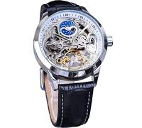 FORSINING Herren-Skelett-Mondphasenuhr, mechanisch, selbstaufziehend, Tourbillon, Dual-Zeitzonen-Uhren, automatisch, luxuriöses Lederband, großes Zifferblatt, Armbanduhr, Weiss/opulenter Garten,