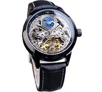 FORSINING Herren-Skelett-Mondphasenuhr, mechanisch, selbstaufziehend, Tourbillon, Dual-Zeitzonen-Uhren, automatisch, luxuriöses Lederband, großes Zifferblatt, Armbanduhr, Schwarz, Classic