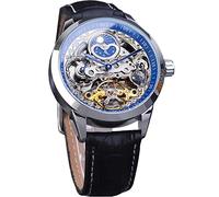 FORSINING Herren-Skelett-Mondphasenuhr, mechanisch, selbstaufziehend, Tourbillon, Dual-Zeitzonen-Uhren, automatisch, luxuriöses Lederband, großes Zifferblatt, Armbanduhr, Blau, Classic