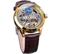 FORSINING Herren-Skelett-Mondphasenuhr, mechanisch, selbstaufziehend, Tourbillon, Dual-Zeitzonen-Uhren, automatisch, luxuriöses Lederband, großes Zifferblatt, Armbanduhr, Gold, Classic