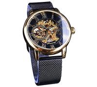 FORSINING Herren Skelett Uhr Steampunk Uhr Schwarz Mechanische Uhr für Männer Minimalistische Retro Design Mechanische Skelett Armbanduhr Transparent, Goldfarben/Schwarz, Mechanisch